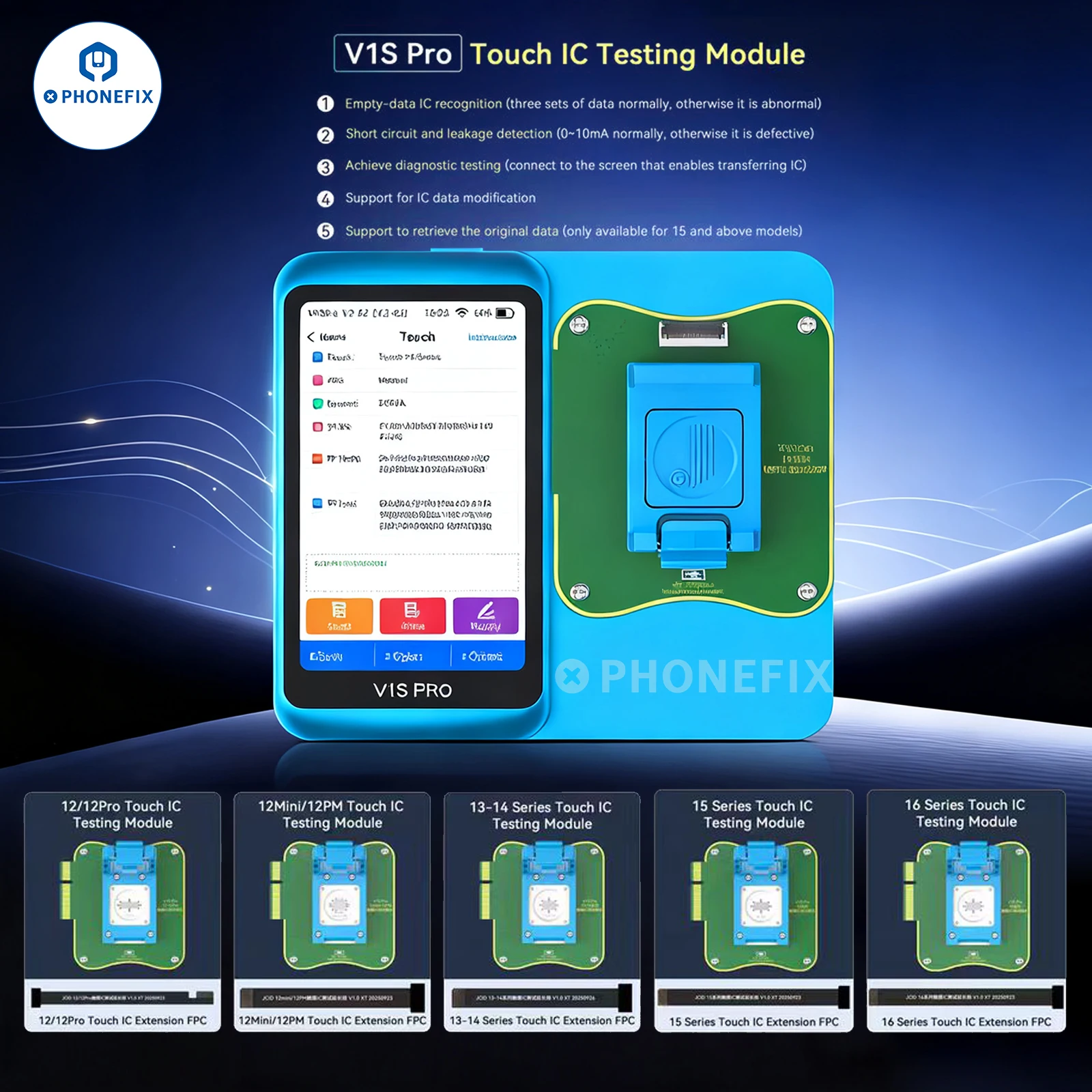 

JCID V1S Pro Touch IC Testing Module for iPhone 12-16PM Empty-data Touch IC Recognition Short-circuit Leakage Current Detection