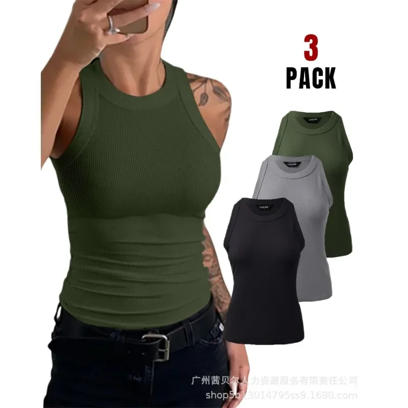 Racerback Tank Tops Sexy Sunken Stripe Vest 3-Pack Knit Tanks Round Neck Thick Strap Women's Combination 3 Pieces