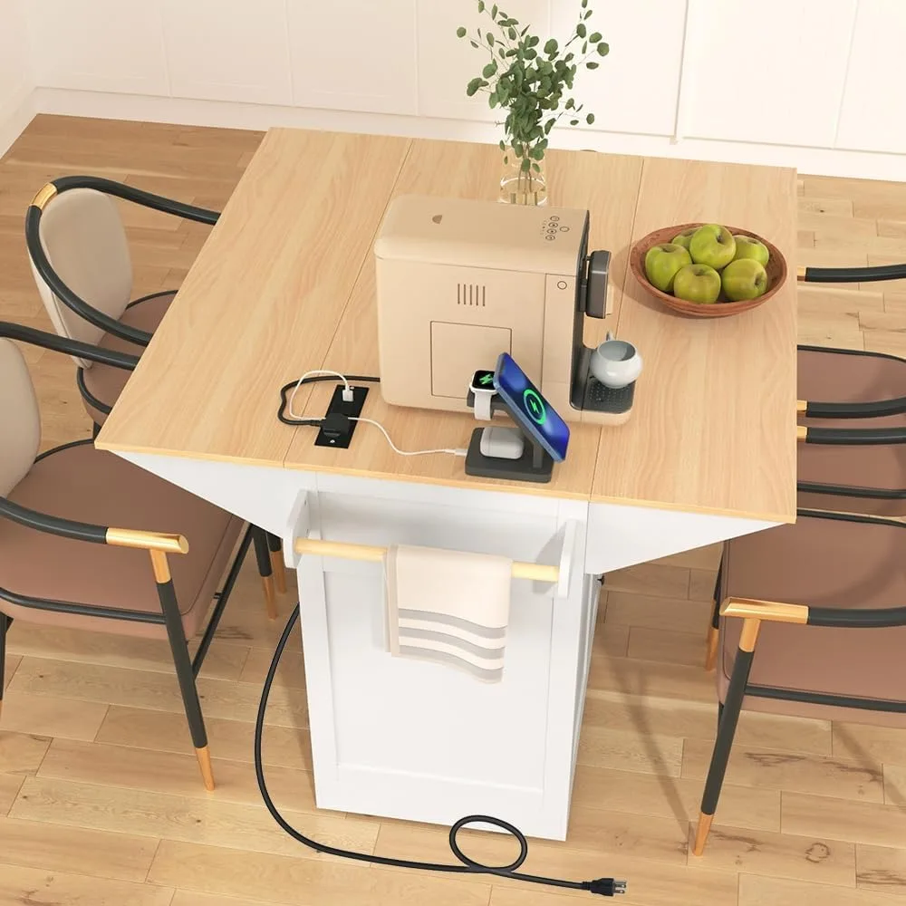 جزيرة مطبخ متنقلة بأوراق قطرة مزدوجة ومخرج طاقة ومنشفة ورفوف توابل