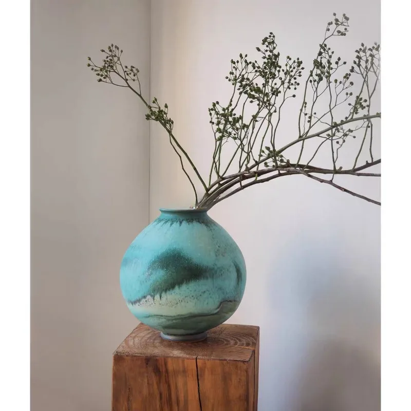 Chinese aesthetic cyan ceramic vase porch tea room high quality, silent wind flower ornament
