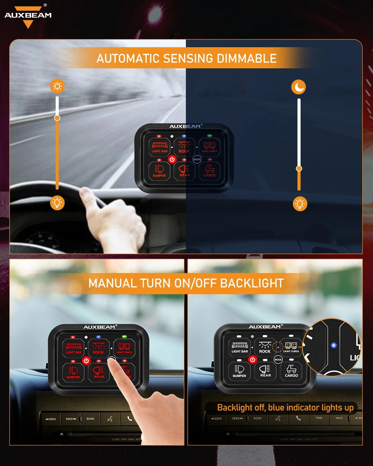 AUXBEAM 12V 24V Universal RGB 6 Gangs Switch Panel with Toggle Momentary Pulsed Mode Electronic Relay System Switches