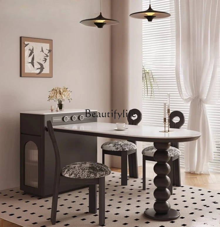 

One-piece small apartment medium and ancient style rock slab semi-circular cream wind retractable island dining table