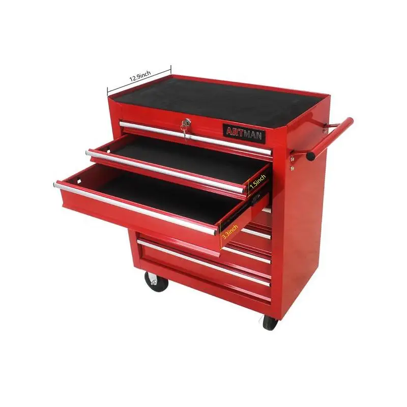 7 Drawer Multi-Functional Tool Cart with Wheels - Red Storage Solution for Garage or Workshop