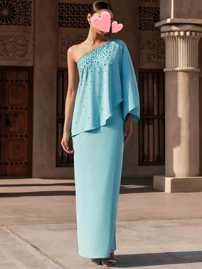 

Oisslec Prom Dress Elegant Vintage Sweet Blue Beads One Shoulder New Customized Formal Occasion Prom Dress Evening Party Gowns