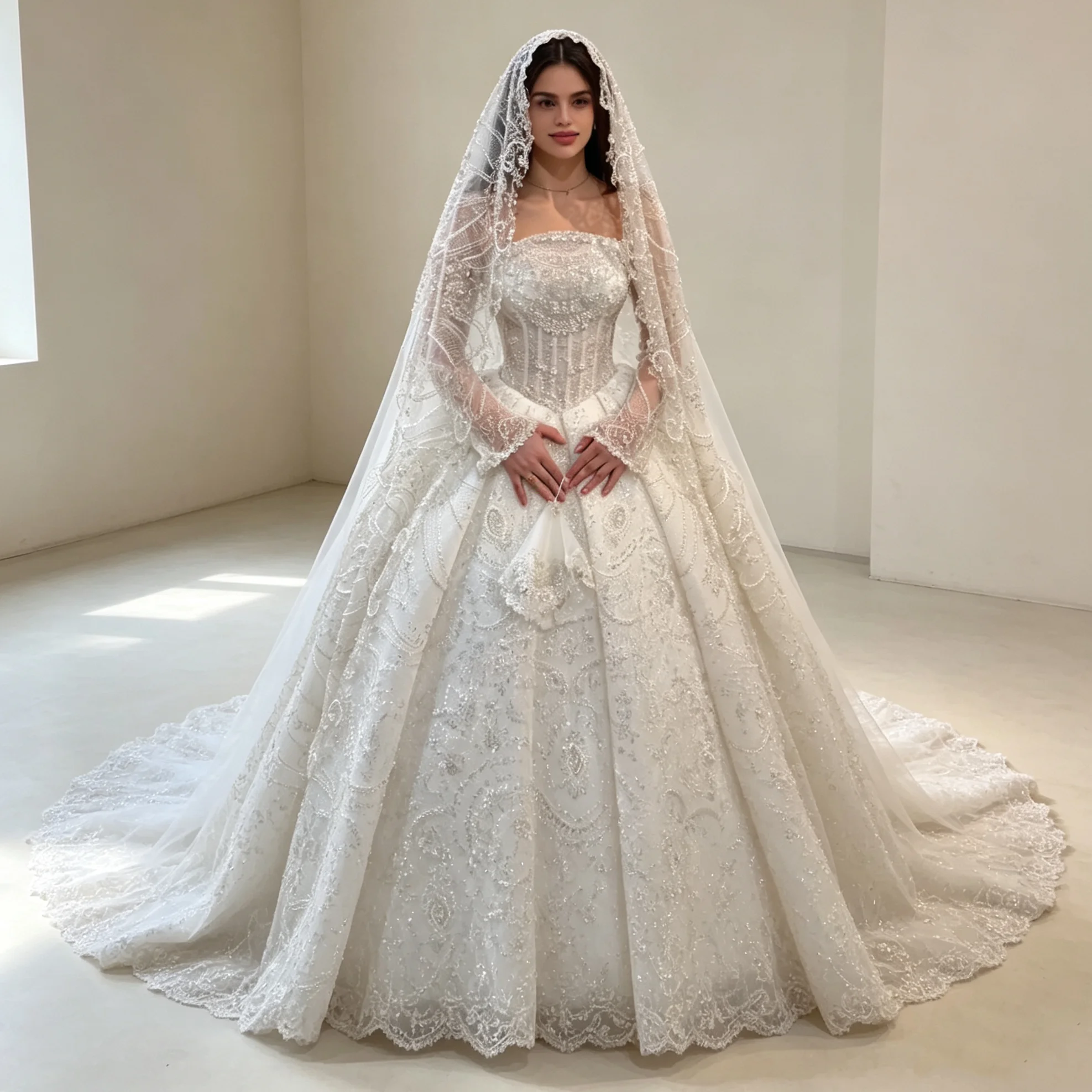 Luxury Sparkling Phantom Long Sleeve Princess Wedding Dress Diamond Lace A-line Ball Dress Cathedral Train Bride Dress Customize