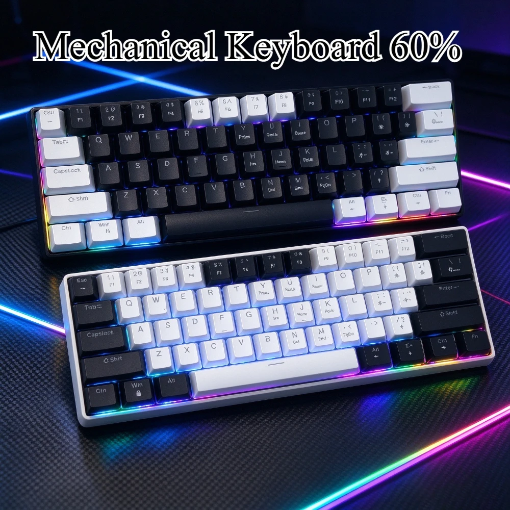 Teclado mecânico para jogos, 60%, 61 teclas, teclado mecânico com fio, retroiluminação RGB, portátil, para jogos, escritório, PC e laptops.