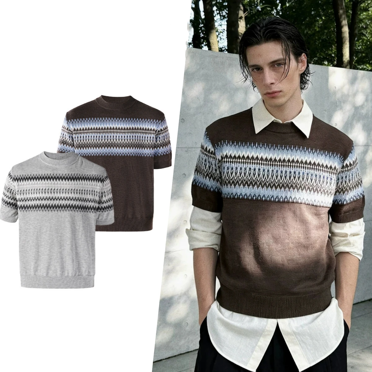 male shirts Wool blend old money style round neck knitted short sleeved breathable and cool short