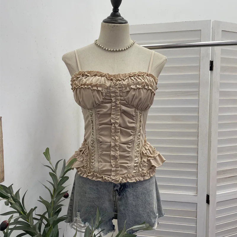 Fresh Floral Print Thin Strap Cami Shirt Women Summer Built In Pads Top Sweet Ruffled Trim Cropped Slim Sleeveless Blouse8878