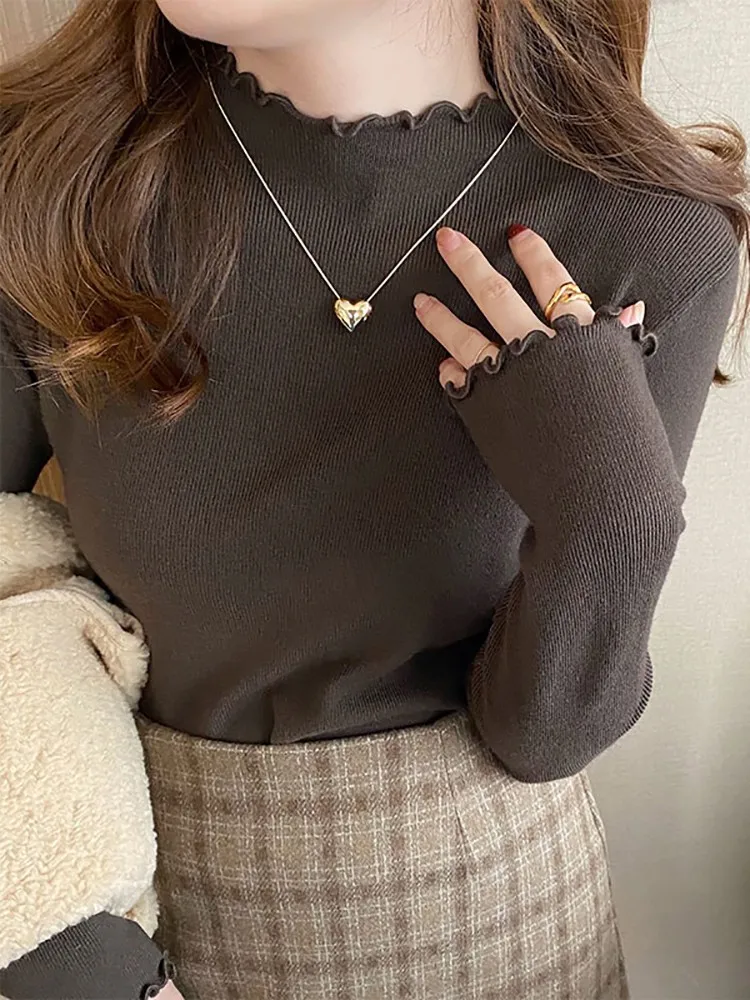 

Autumn Winter Sweater Women Knitted Ribbed Pullover Long Sleeve Ruffles Turtleneck Slim Jumper Soft Warm Pull Femme