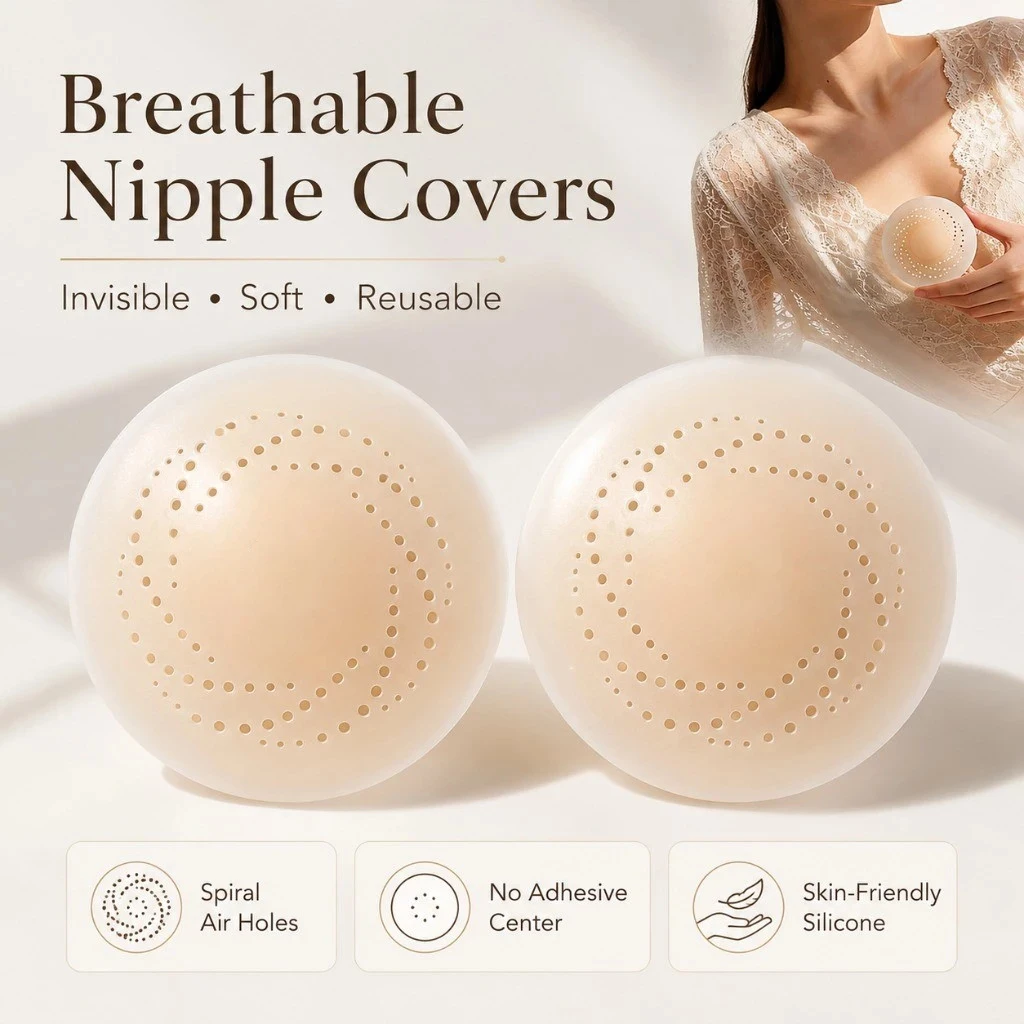 Ultra-Thin Breathable Spiral-Patterned Silicone Breast Pads, Skin-Friendly, Self-Adhesive, Invisible, Waterproof, Washable and Reusable, Anti-Exposure Breast Pads for Women