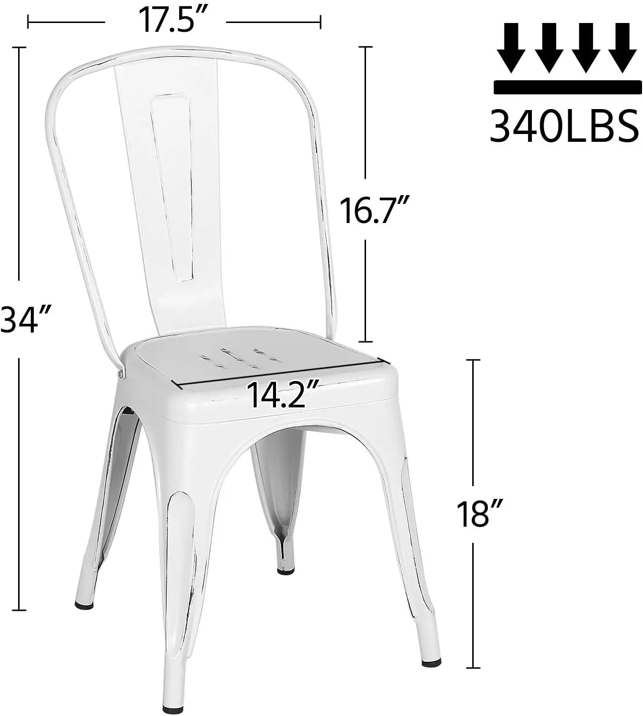 Sillas de comedor de cocina de Metal para interiores y exteriores, sillas de café laterales apilables de estilo desgastado en blanco desgastado, Juego de 4