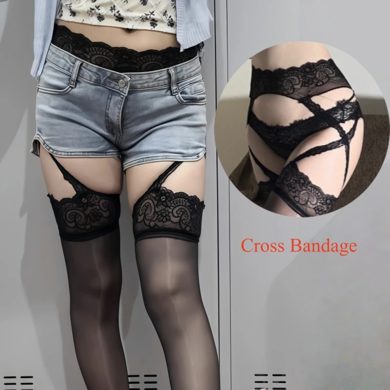

Women Sexy Ultra Thin Transparent Crotheless Lingerie Oil Shiny Cross Bandage Lace Suspender Thigh High Stockings With Garter