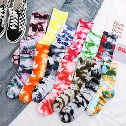 Unisex Tie-Dye Socks Street Trend High-Top Tide Sock Men Women Solid Color Cotton Striped Basketball Socks Skateboard Socks