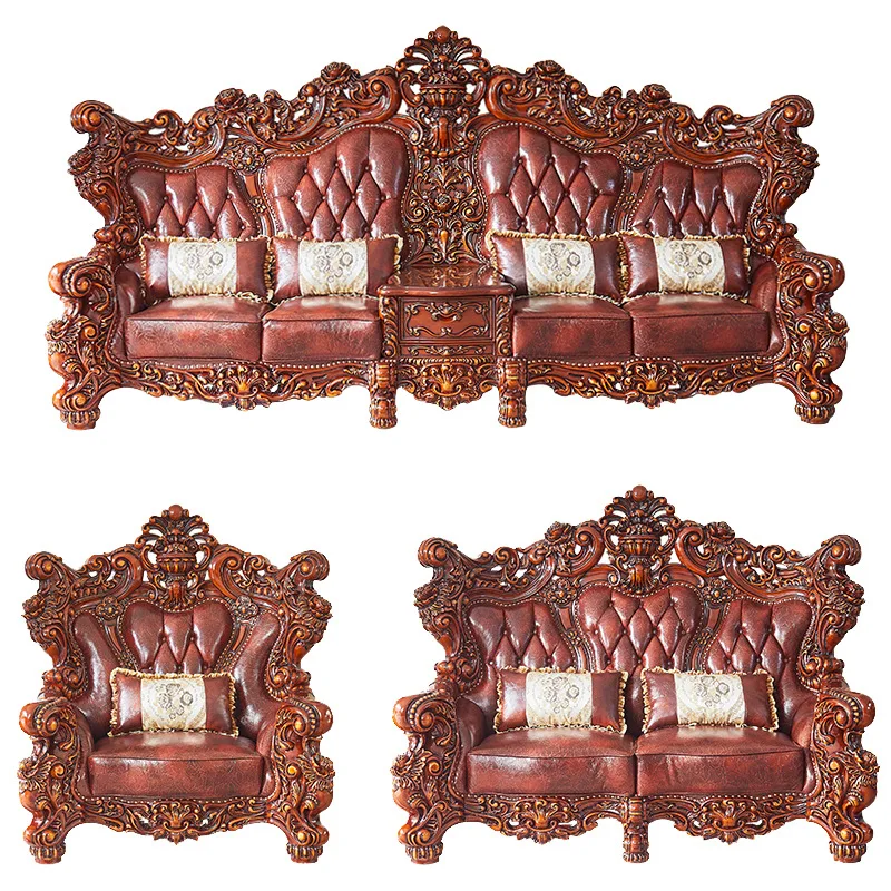 

European leather sofa combination, solid wood double sided carved first ayer cowhide sofa