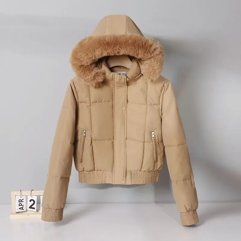 

New Autumn Winter Warm Down Thicken Cotton Short Parkas Women Thickened Fleece Lining Big Fur Collar Long Sleeve Bread Jacket