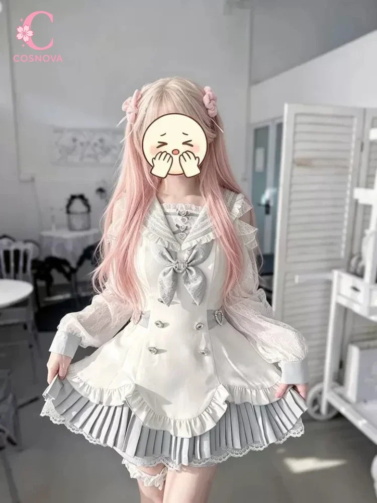 Vestido vintage de estilo Sweet Lolita, de inspiración japonesa, para mujer, con lazo, detalles de encaje, cuello marinero, adornos de pedrería, manga larga, corte ajustado, minivestido, ideal para fiestas de té.