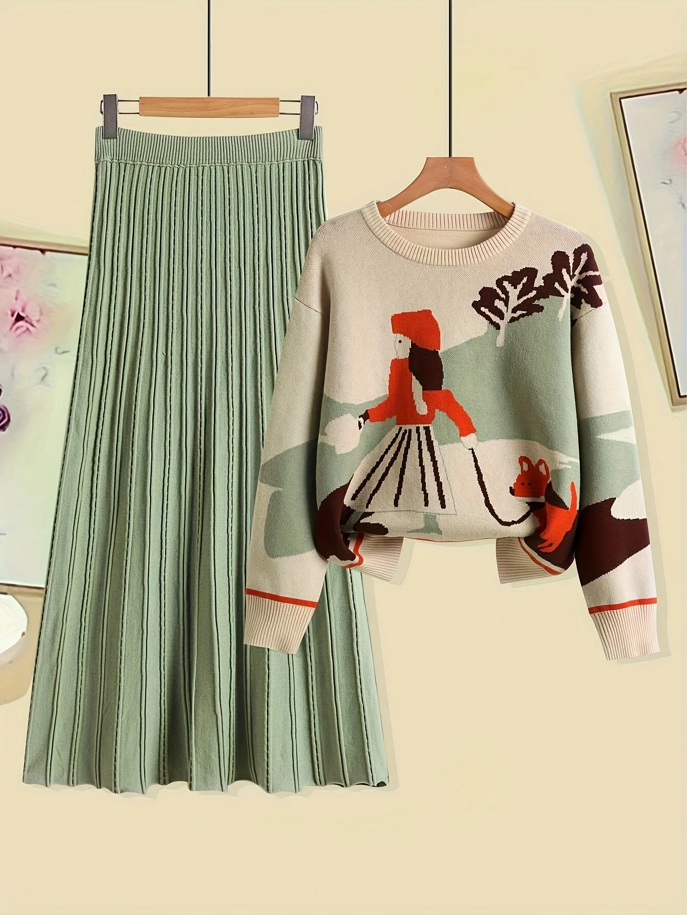 Elegant, casual, loose-fitting color-blocked knit sweater and skirt set, women's knit two-piece autumn/winter set.