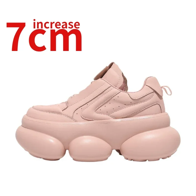 Height Increased 7cm Popular Fashion Thick Soled Bread Shoes for Women's Trendy Versatile Genuine Leather Pink Red Leisure Shoes