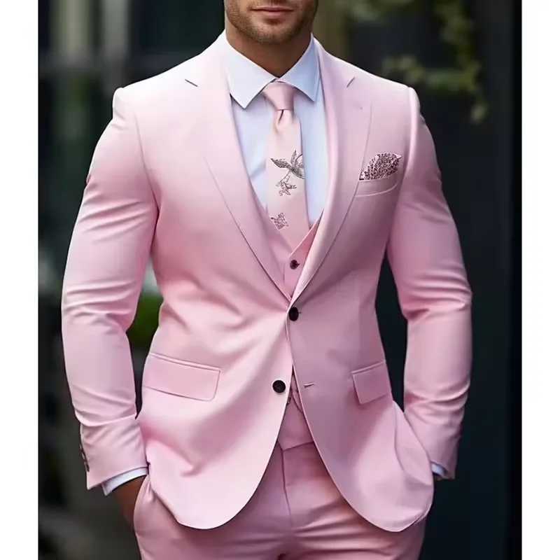 

Three piece formal pink jacket, pants, vest, split collar, slim fit, wedding full set, elegant groom's outfit, men's suit