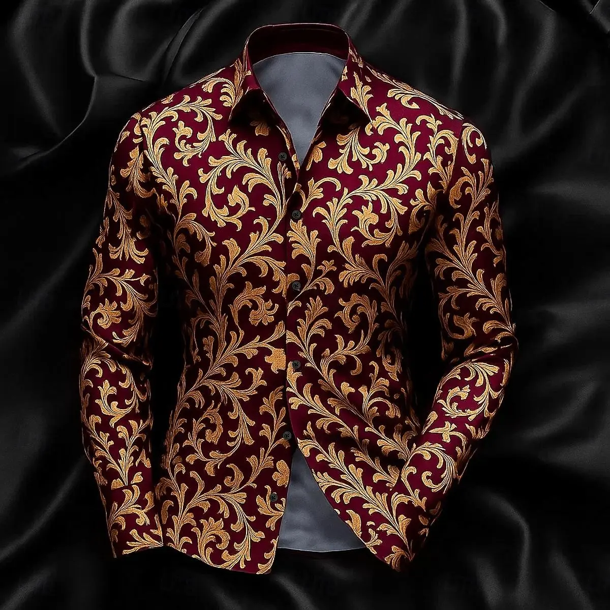 Men's simple solid color 3D geometric pattern print lapel long-sleeved shirt casual daily autumn and winter all-match tops