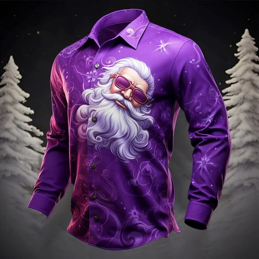 Christmas Theme Men Casual Long Sleeve 3D Star Printed Street Party Long Sleeve Soft and Comfortable Shirt Santa Hot Sale