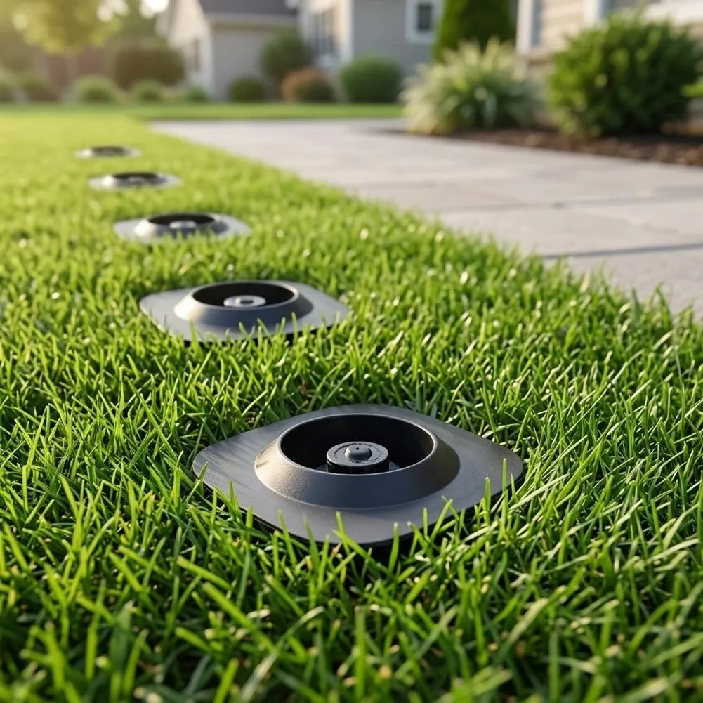 Landscaping Accessory for Sprinkler Heads Keeps Grass and for weeds from Obstructing Spray Patterns and Nozzles Over Time