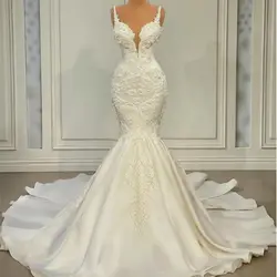 Luxury Mermaid Wedding Dresses Appliques Lace Sexy Spaghetti Straps Bridal Gowns Customized Backless Sweep Train Plus Size Robes