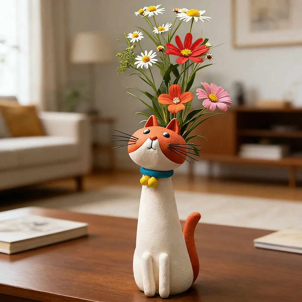 Creative Resin Cat Vase, Handmade quirky cat-shaped vase, Indoor decoration dried flower vase, Home decoration ornaments