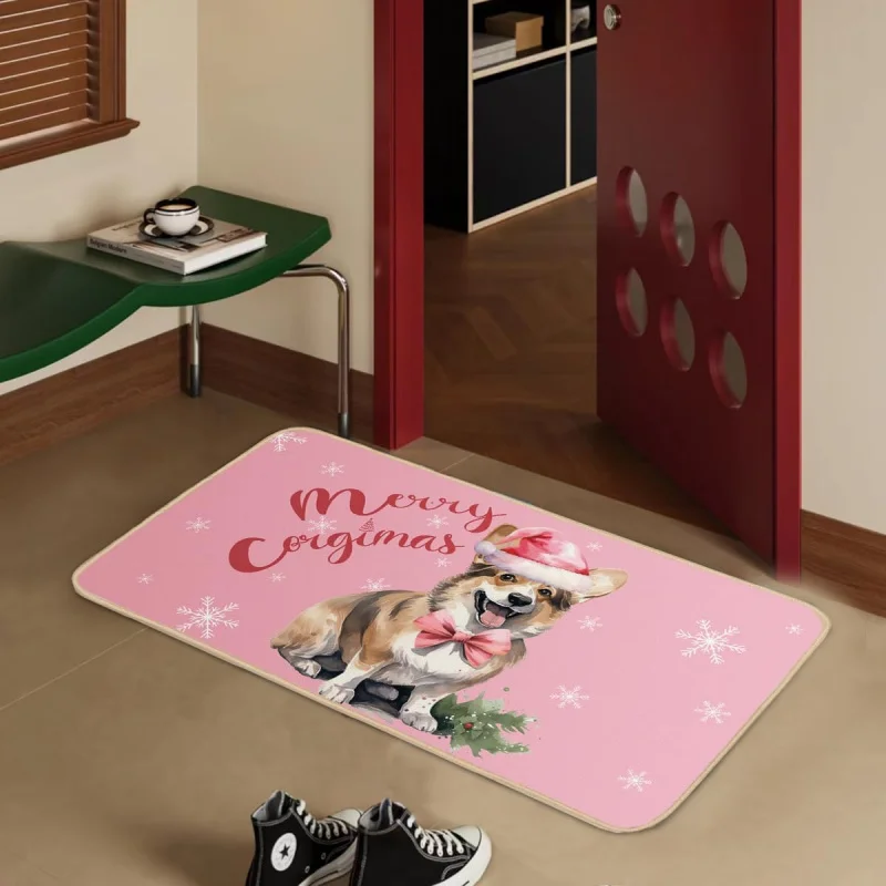 Pink Coquette Christmas Welcome Out DoorMat, Corgi Christmas Front Door Mat,  Farmhouse Winter Entrance Outside Porch