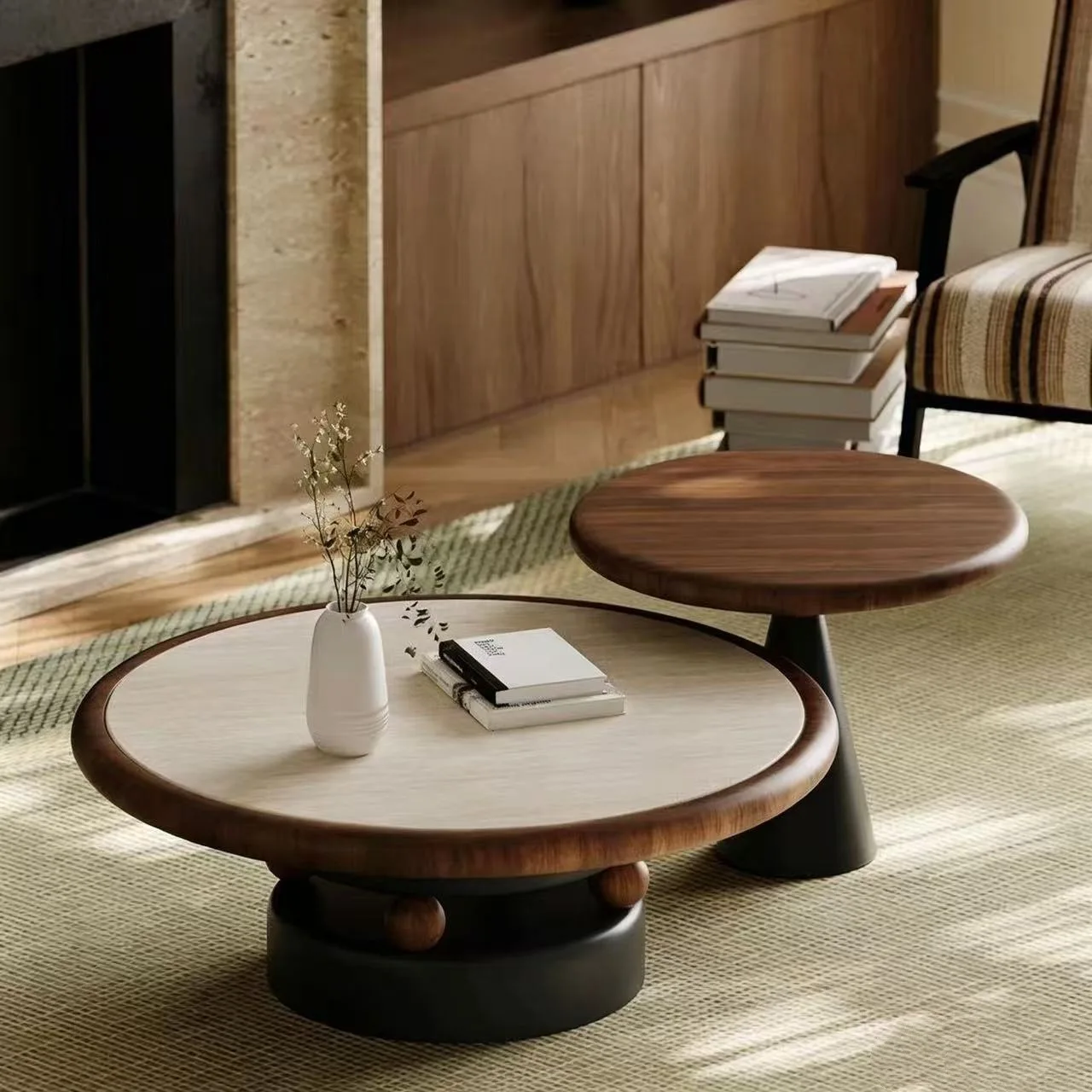 HYS Italian travertine rock slab new living room household medieval high-end atmospheric size round coffee table combination