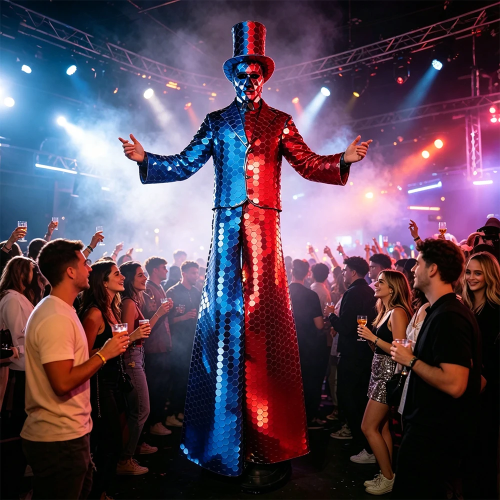 

Double Mirror Stilt Costume Adult Two Tone Color Block Shiny Sequined Jumpsuit with Top Hat for Stage Performance Carnival Hallo