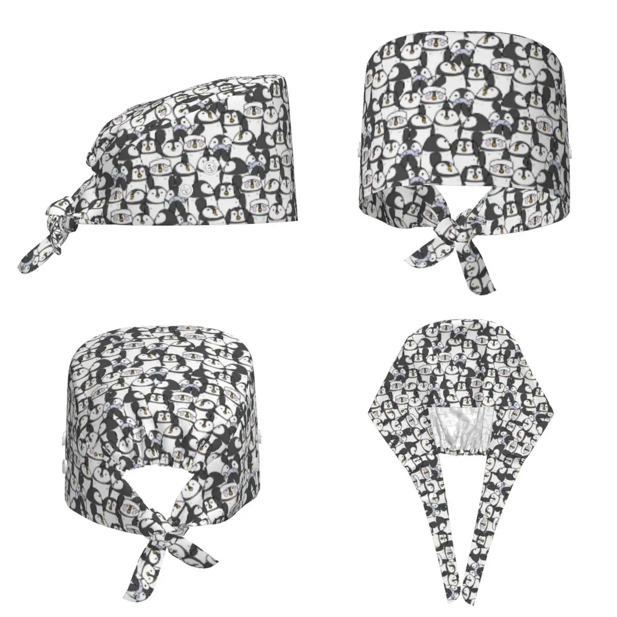 Hand Drawn Penguin Set Scrub Hat Doctor Working Surgical Cap Unisex Adjustable Nursing Caps for Dentist