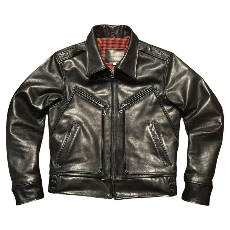Full-grain wax-dyed calfskin mechanic leather men's short lapel style