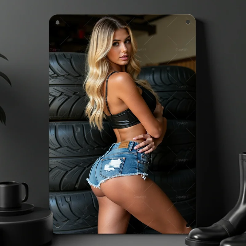 2D-Metallschild, Retro-Bikini-Girl-Wandkunst, wasserdichte Metallplakette mit Aufhängelöchern für Bar, Garage, Fitnessstudio
