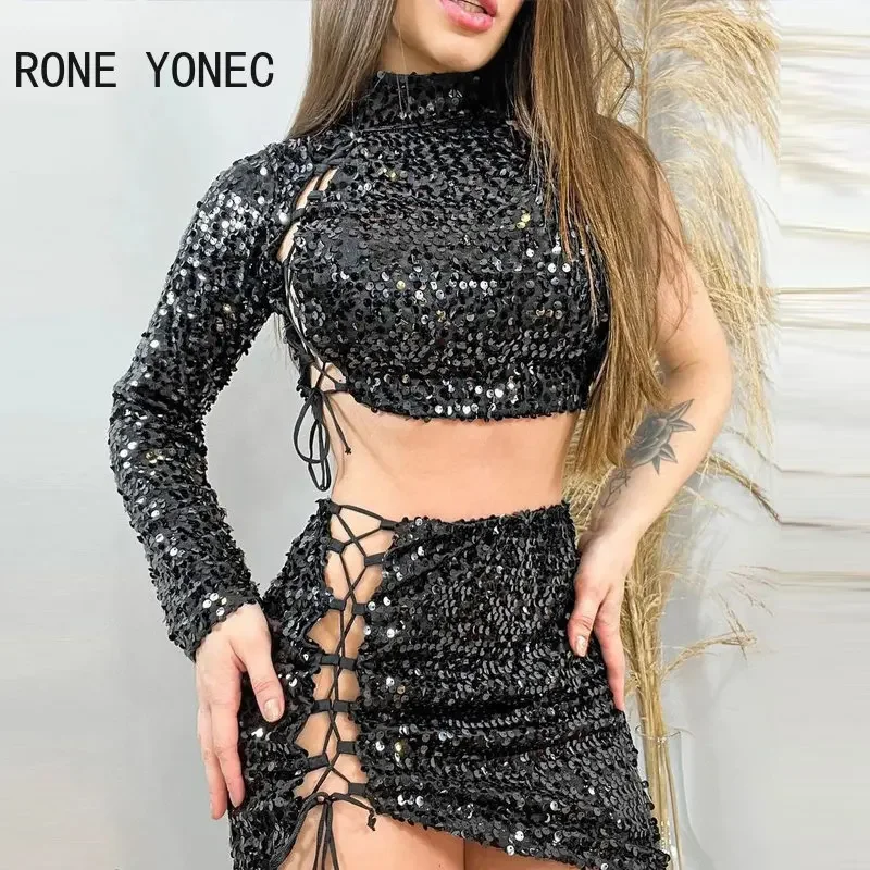 Women Chic Solid  One Shoulder Long Sleeves Lace Up Sequins Short Tops & Bottom Mini Asymmetrical Sexy Skirt Sets