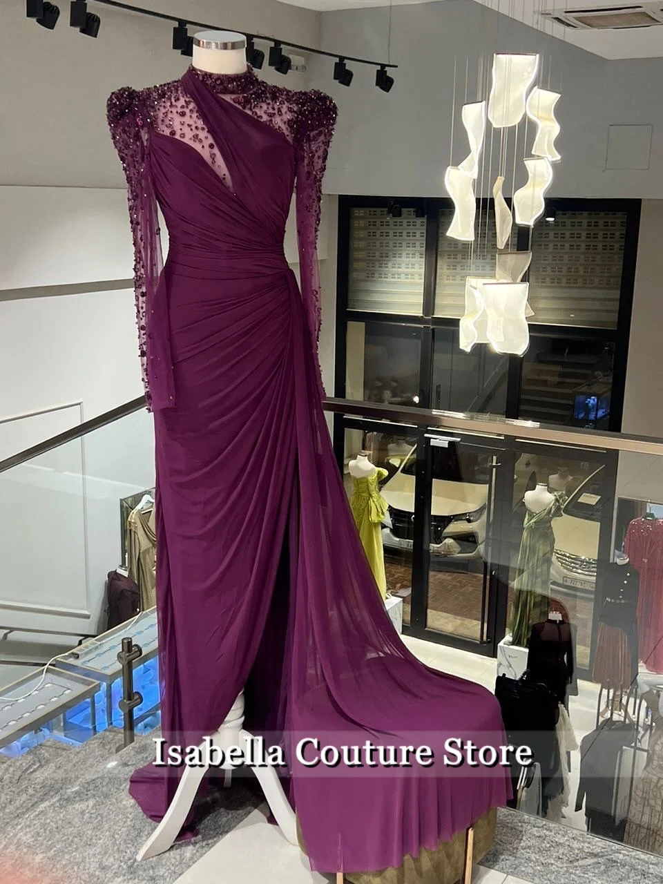 New Customized Purple Beading Luxury Women Evening Dresses 2026 Dubai Long Sleeves Party Gown Floor-Length Prom Dress Vestidos