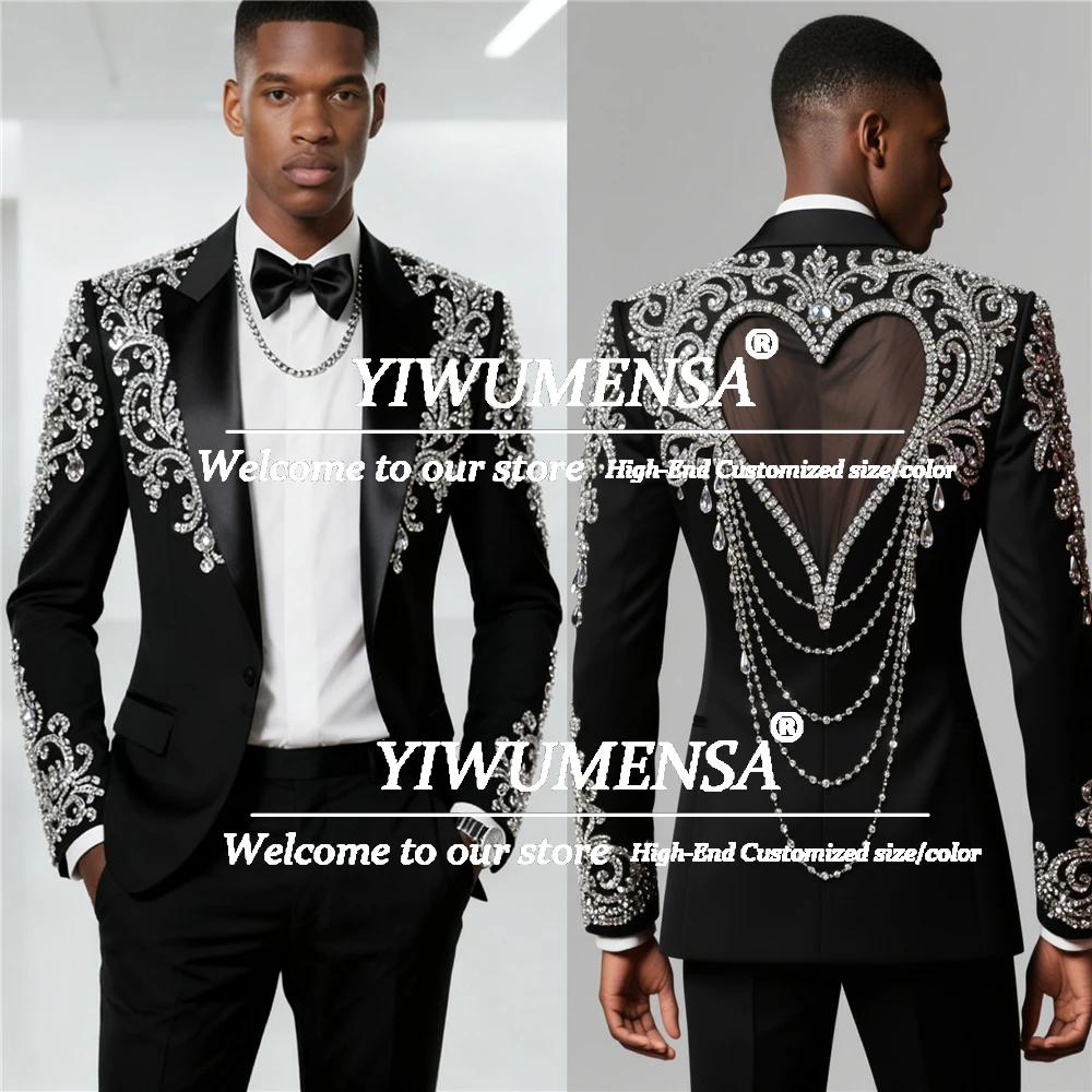 

Sparkling Rhinestone Crystals Suit Attire For Men Cut-Out Design Groom Beaded Blazers Customized 2 Pieces Man Banquet Tuxedos