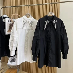 New In 2024 Autumn Heavy Rhinestone Lapel Puff Sleeve Shirt Women's Mid-Length Loose Pure Color Cotton Top Female Clothes