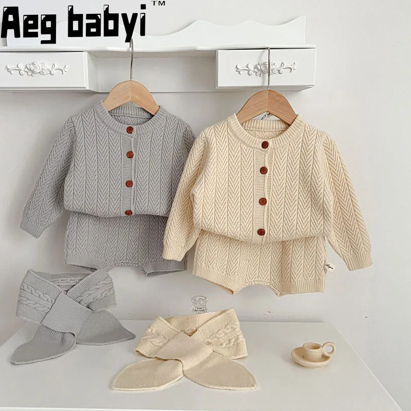 

Autumn Baby Girl Clothes Set Fashion Cotton Newborn Knitted Sweater Coat Tops Shorts Scarf 3PCS Suit Toddler Girl Outfit 0-3Y