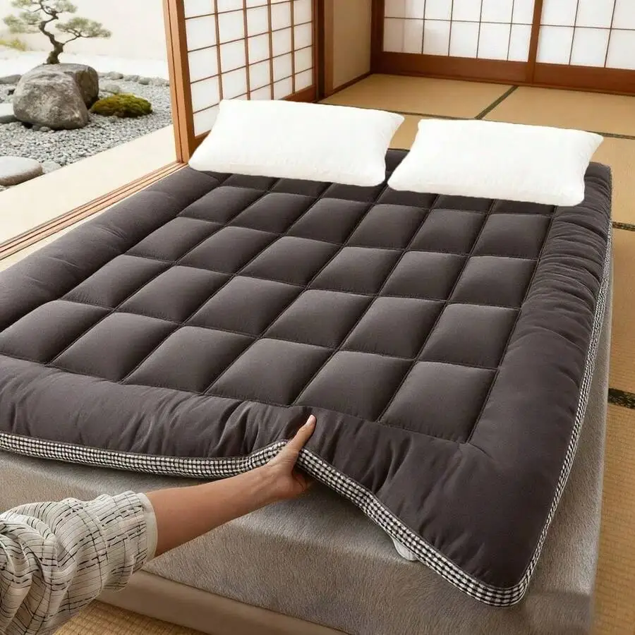 Foldable Japanese Futon Floor Mattress Topper - 2" Breathable Tatami Mat, Roll-Up Portable Guest Bed & Travel Sleeping Pad For Home/Camping (Gray/Green, Twin/Full/Queen/King)