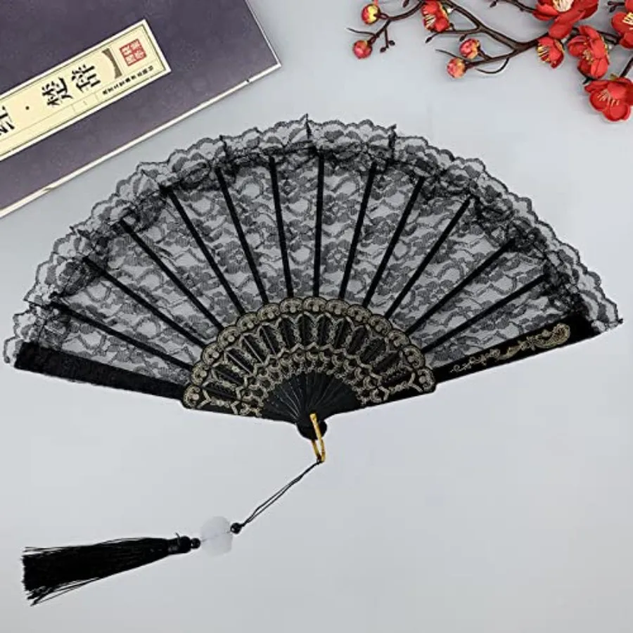 Foldable Lace Fan Handheld Chinese Vintage Style Hand Held Folding Fans for Party Wedding Dancing Decoration