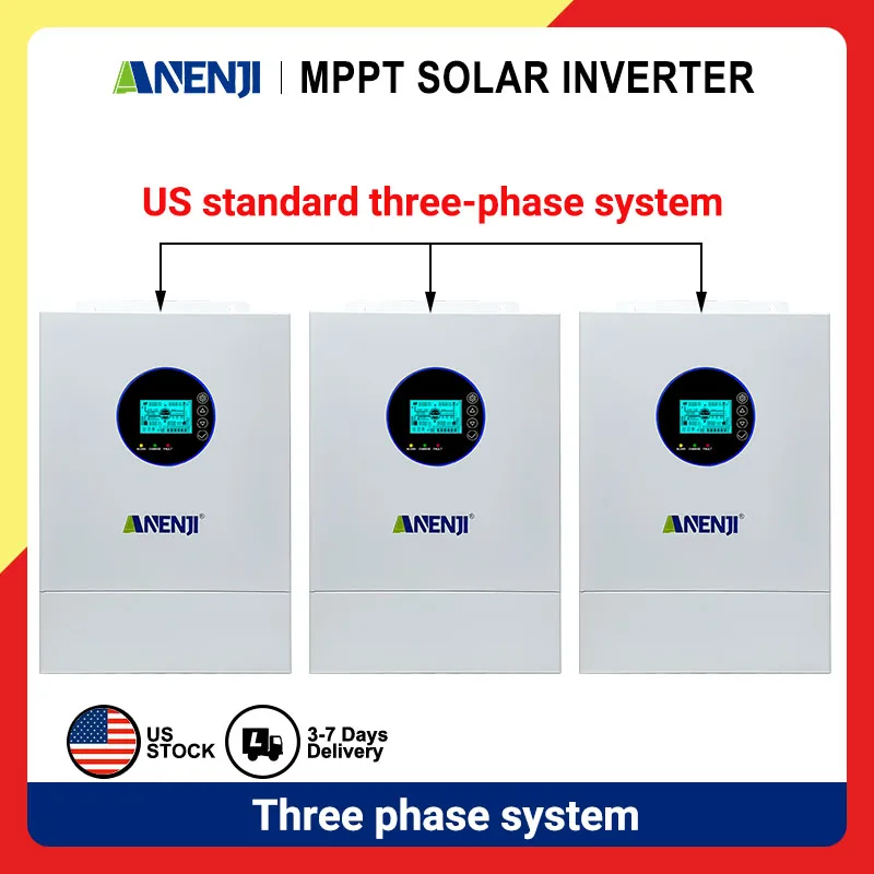 ANENJI 120/240V 12KW hybrid solar inverter 48/51.2V photovoltaic split inverter, built-in 200A US solar inverter   Three or more units can form a three-phase system