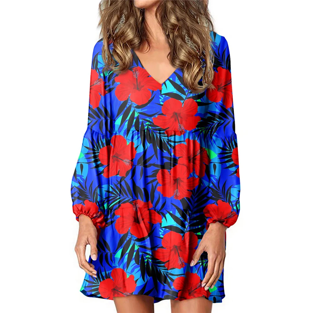 Noisydesigns Hot Selling Long Tops Flowy Dress For Women Tropical Hawaii Hibiscus Floral Pattern V-Neck Office Party Clothing