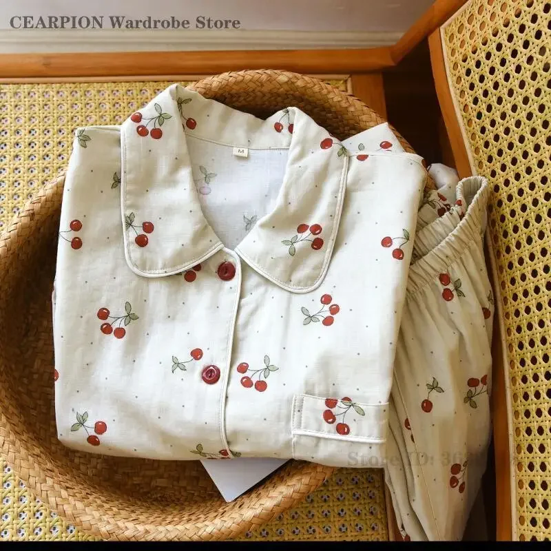 Sweet Cherry Long Sleeved Trouser Pyjamas Suit Spring Autumn Cotton Sleepwear Loungewear Loose Casual Home Clothes Pajama Set 3