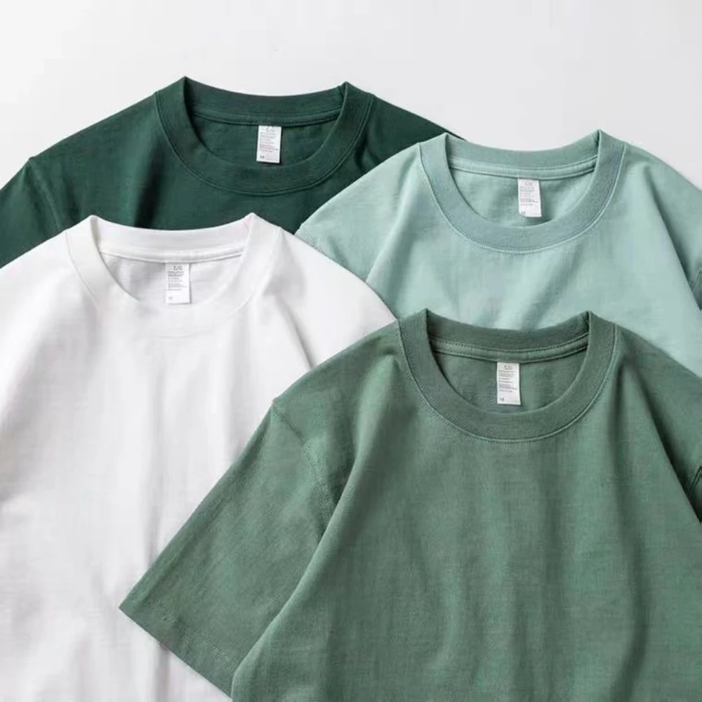 

Men Women Green T-shirt 200g Cotton Short-sleeved Top Korean T-shirt Green Thick Cotton Half-sleeve Unisex T Shirt