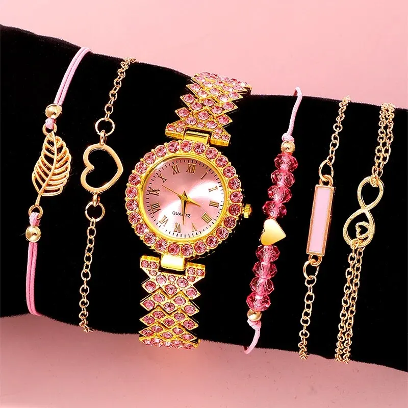 Womens Fashion Quartz Watch With Pink Bracelet For Women Casual Fashion Round Simple Watch Dainty Wheat Jewelry Set Montre Femme