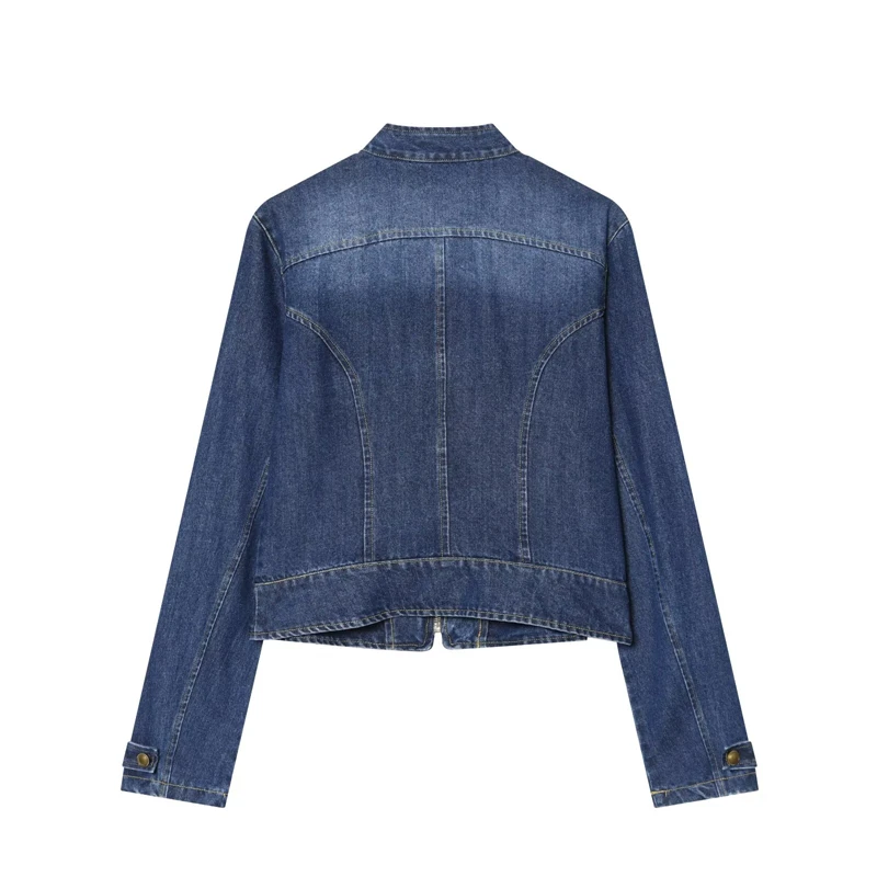 KEYANKETIAN 2026 Dark Blue Cropped Denim Jacket Stand Collar Epaulet Double Row Bronze Button Zip Front Pocket Outerwear Coat