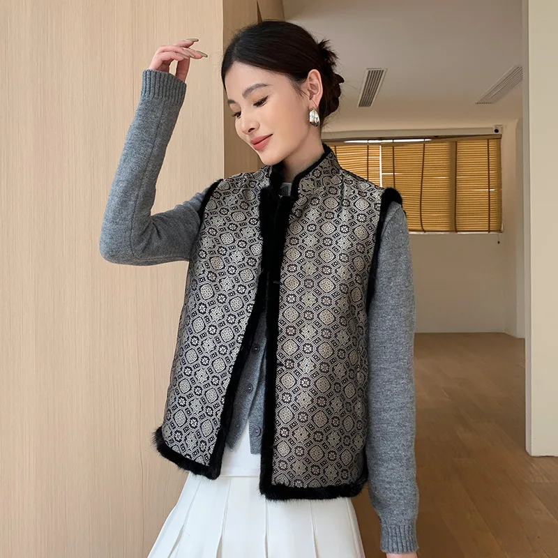2025 femmes Double face à la mode hiver vison fourrure gilet automne hiver confortable Style décontracté sans manches col montant veste