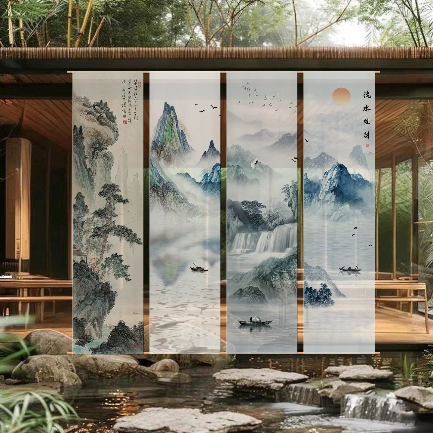 

Zen Ink Landscape Semi-Sheer Canopy Tapestry Wall Hanging for Tea Room Guesthouse Courtyard Background Room Decoration