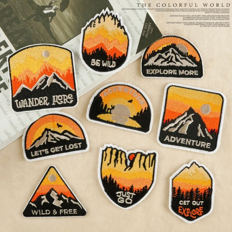 

2024 New Embroidery Patch DIY Sunset Mountain Camping Sticker Thermoadhesive Badge Iron on Patches Cloth Bag Fabric Accessories